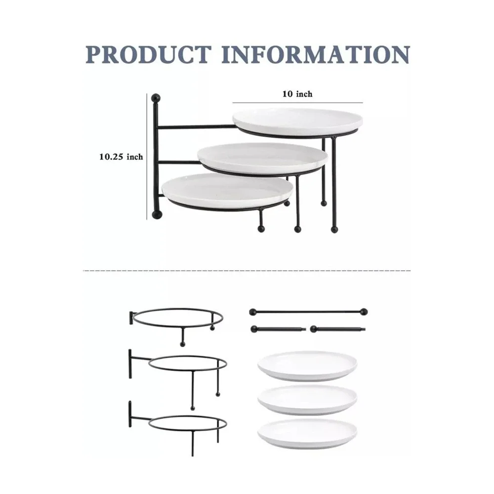 Kanwone 3 Tiered Serving Stand with White Porcelain Plates, 10 Inch,